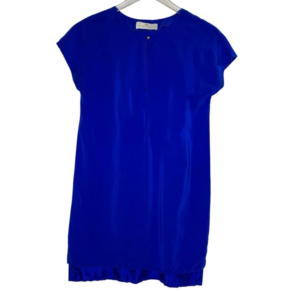 Amanda Uprichard XS Silk Shift Dress Cobalt Blue Mini V Neck Mini Short Sleeve